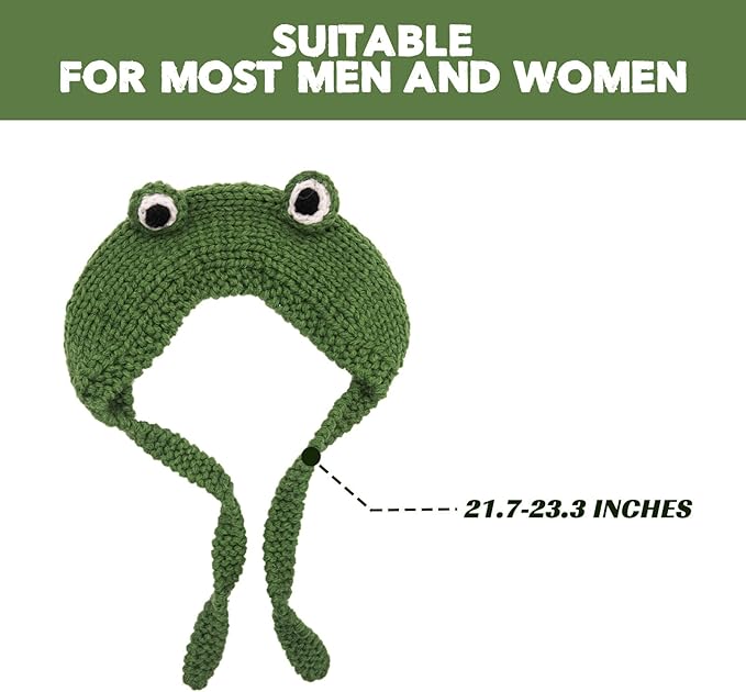 Grüne Frosch-Strickmütze für Erwachsene, Unisex, handgefertigt, Wintermode.