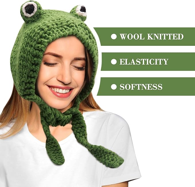 Grüne Froschmütze aus Wolle, handgestrickt, weich, elastisch, Damenmode Accessoire.