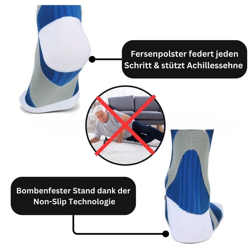 Fersenpolster Socken, blau-weiß, rutschfest, stützt Achillessehne, verhindert Stürze.