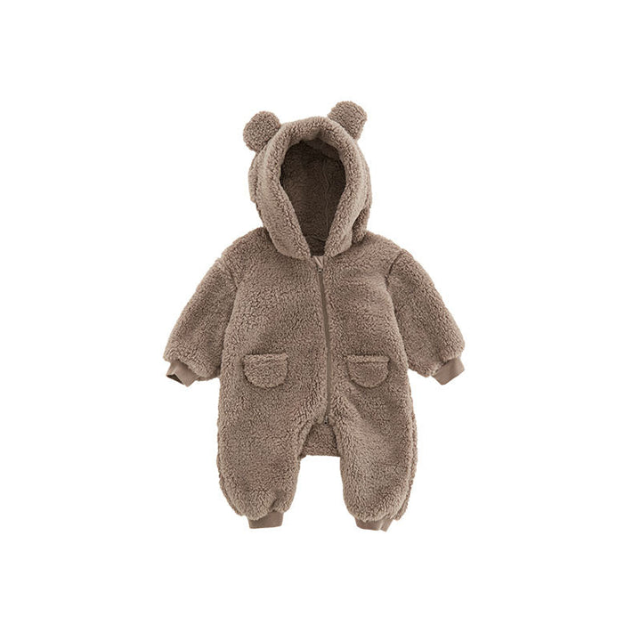 Brauner Baby-Overall mit Kapuze und Bärenohren, flauschig, warm, für Herbst und Winter.