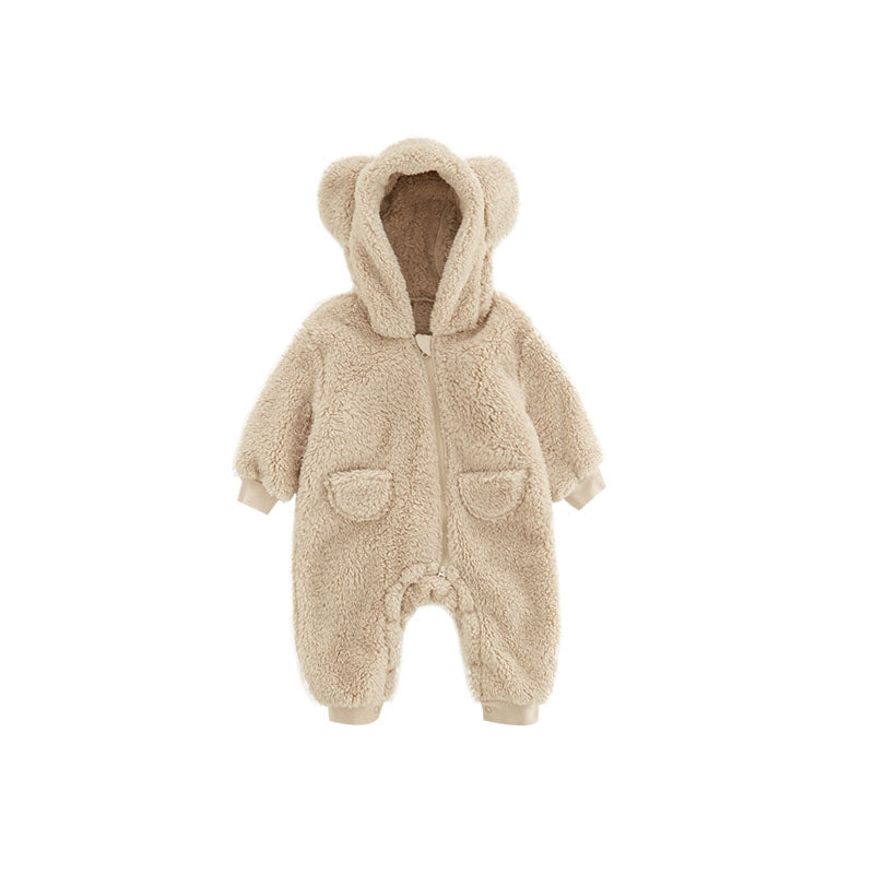 Beiger Baby-Overall mit Kapuze, Plüschstoff, Bärenohren, Reißverschluss, warm, gemütlich.