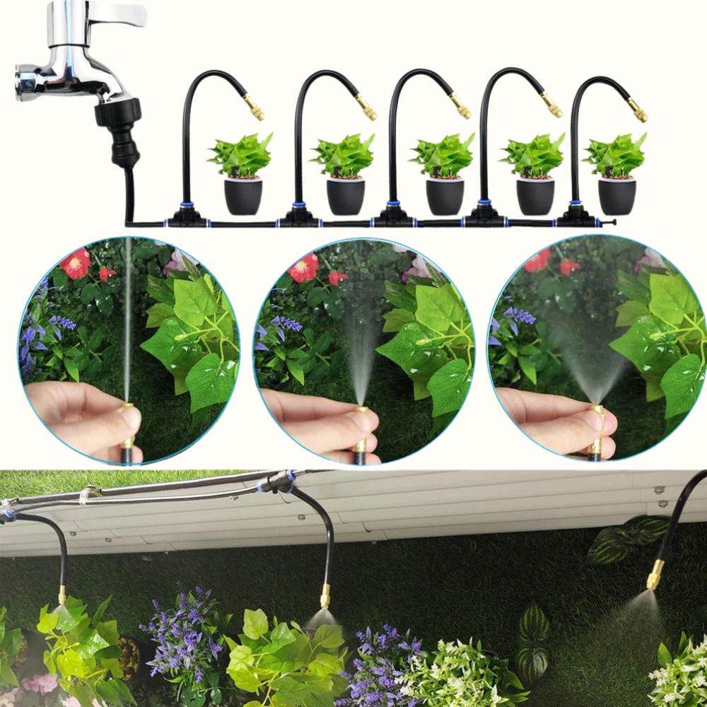Automatisches Bewässerungssystem für Pflanzen, schwarz, mit fünf Düsen, ideal für Gartenpflege.