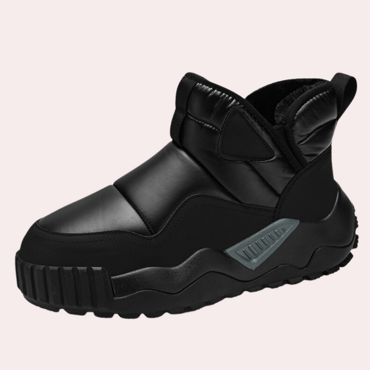 Schwarzer Winterstiefel, wasserdicht, rutschfest, gefüttert, für Herren, Outdoor-Einsatz.