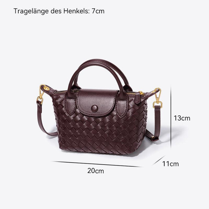 Braune geflochtene Handtasche aus Leder mit abnehmbarem Schulterriemen, 20x13x11 cm.