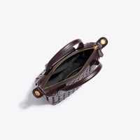 Braune geflochtene Handtasche aus Leder mit Reißverschluss, elegante Damenmode Accessoire.