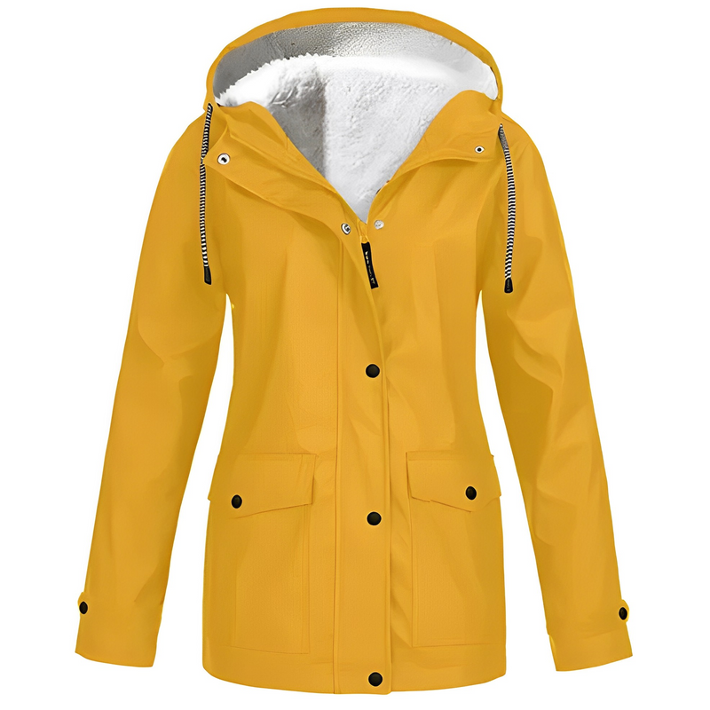 Gelbe Damen-Regenjacke mit Kapuze, wasserdicht, Fleece-Innenfutter, Outdoor-Bekleidung.