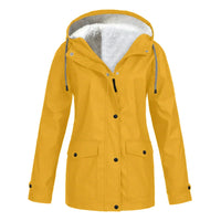 Gelbe Damenjacke mit Kapuze, Fleece-Innenfutter, wasserdicht, Outdoor-Bekleidung.