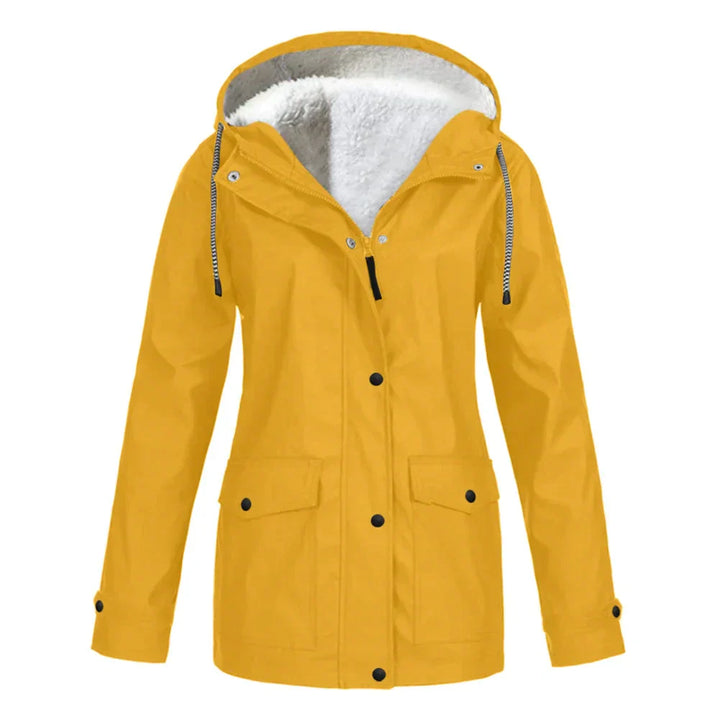 Gelbe Damenjacke mit Kapuze, Fleece-Innenfutter, wasserdicht, Outdoor-Bekleidung.