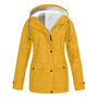 Gelbe Damenjacke mit Kapuze, Fleece-Innenfutter, wasserdicht, Outdoor-Bekleidung.