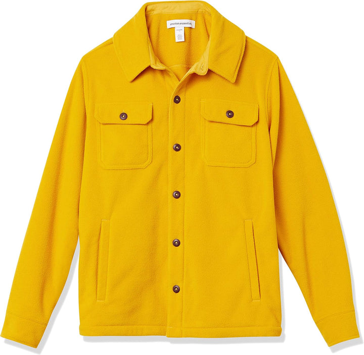Gelbe Fleecejacke mit Knöpfen, zwei Brusttaschen, Langarm, Herrenmode, Outdoor-Bekleidung.