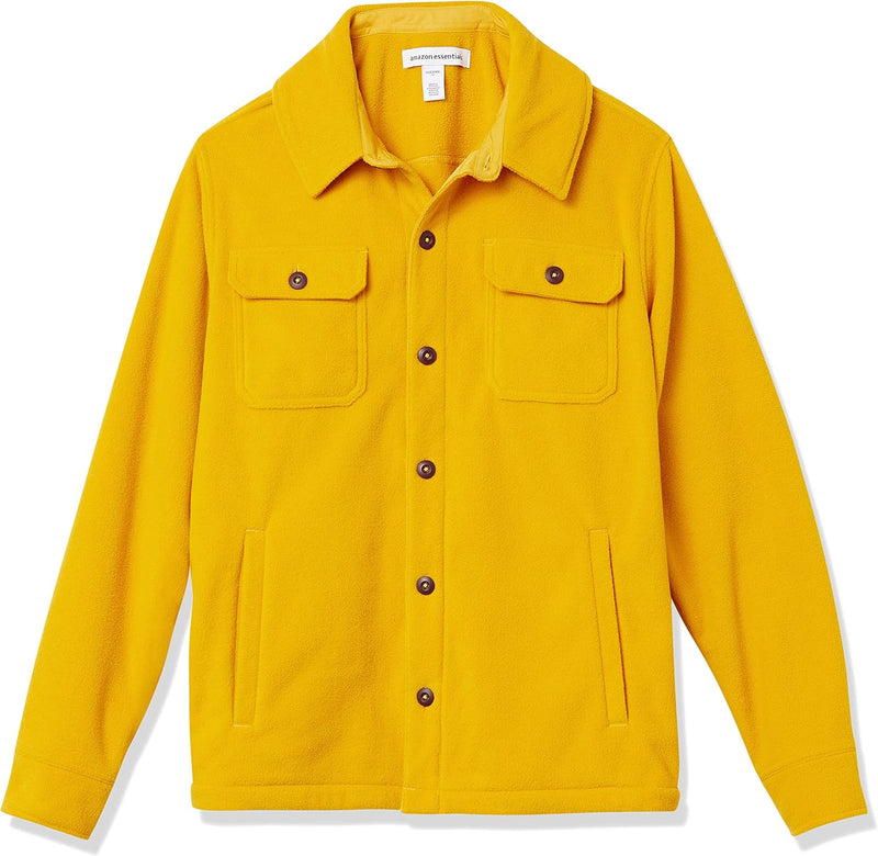 Gelbe Fleecejacke mit Knöpfen, zwei Brusttaschen, Langarm, Herrenmode, Outdoor-Bekleidung.