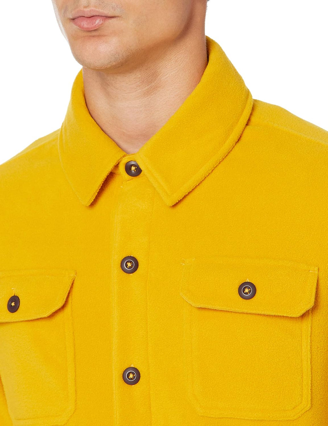Gelbe Herrenjacke mit Knopfleiste, Brusttaschen, aus Fleece, modisch, warm, Herbstbekleidung.