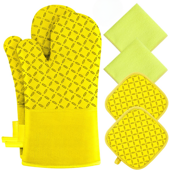 Gelbe Ofenhandschuhe und Topflappen-Set, hitzebeständig, Baumwolle, Küche Zubehör.