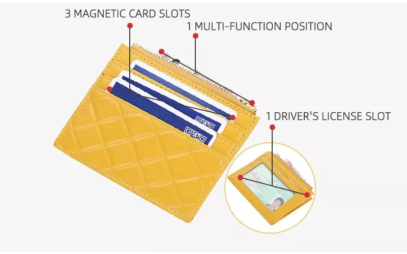 Gelber gesteppter Mini-Kartenhalter mit 3 Kartenfächern und 1 Führerscheinfach.