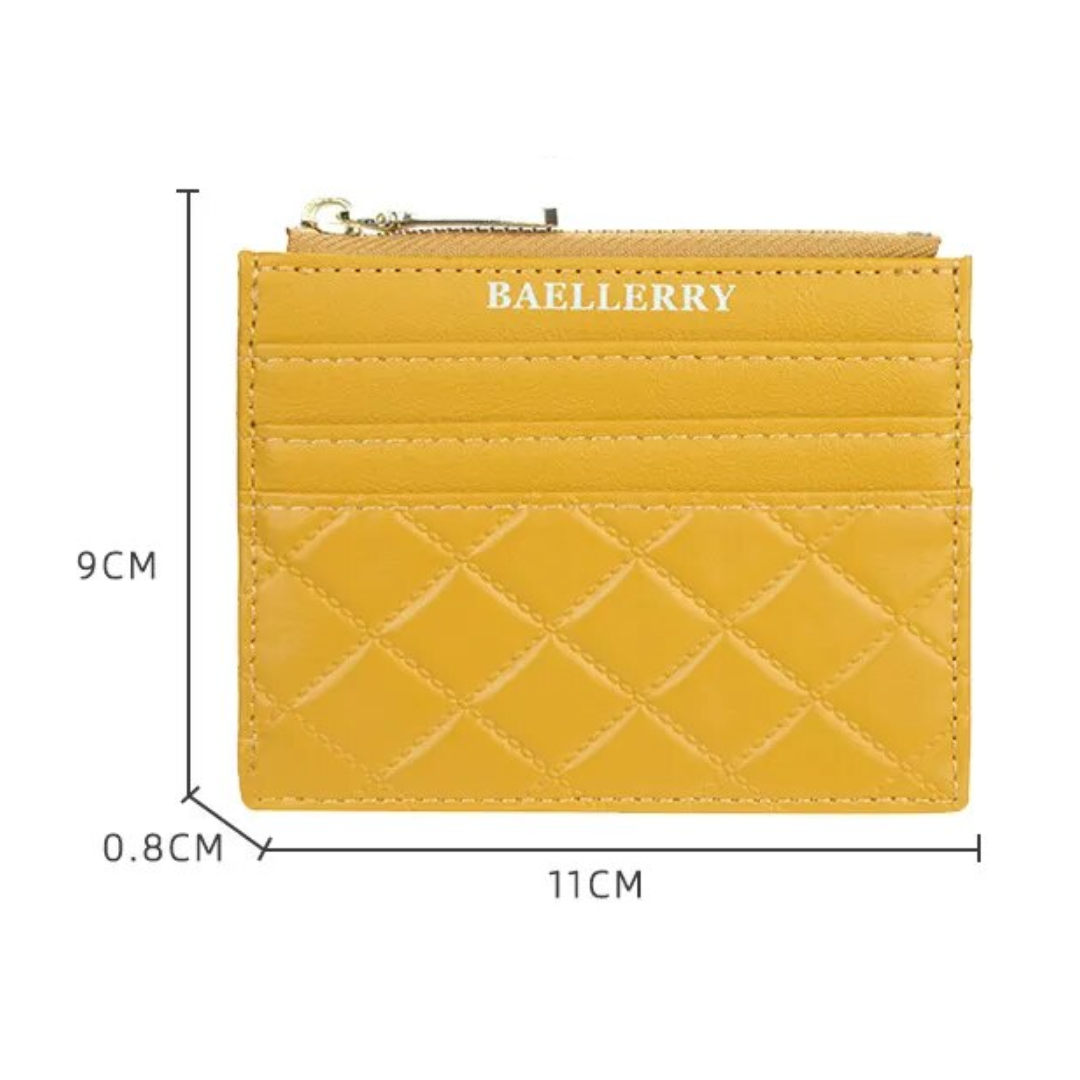 Gelber gesteppter Mini-Kartenhalter aus Leder, 11x9 cm, mit Reißverschluss und Kartenfächern.