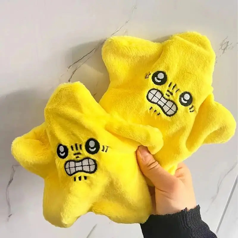 Gelbe Plüschsterne mit Gesicht, Handwärmer, weiches Spielzeug, Geschenkidee, Kinderaccessoire.