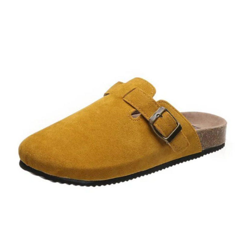 Gelber Wildleder-Clog mit Schnalle, bequeme Sohle, modischer Freizeitschuh für Damen und Herren.