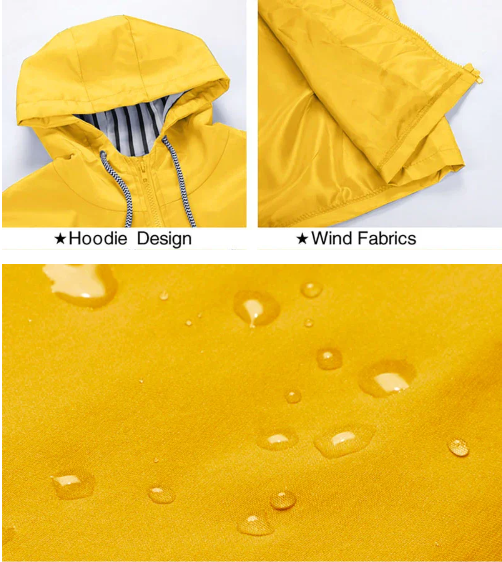 Gelbe wasserdichte Regenjacke mit Kapuze, winddichtem Stoff, ideal für Outdoor-Aktivitäten.