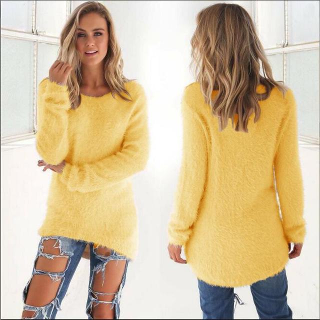 Flauschiger gelber Damenpullover, langärmelig, lässig, bequem, ideal für Herbstmode.