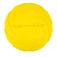 Gelber Hundespielzeug-Frisbee aus Gummi, langlebig, ideal für Apportierspiele im Freien.