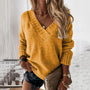 Frau in gelbem Strickpullover, V-Ausschnitt, schwarze Shorts, blonde Haare, modisch, lässig.
