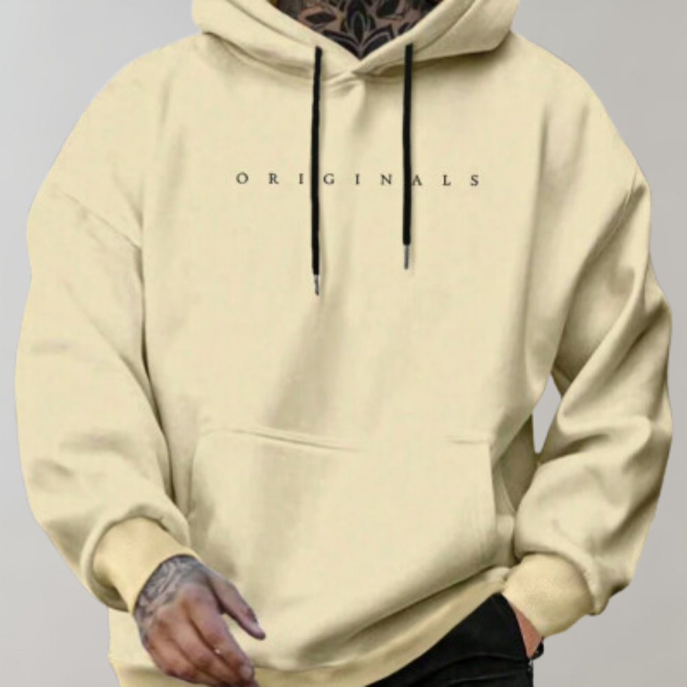 Gelber Hoodie mit "ORIGINALS"-Aufdruck, Kapuze, Kordelzug, lässige Mode, Unisex-Pullover.