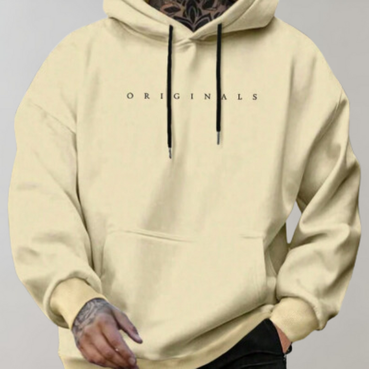 Gelber Hoodie mit "ORIGINALS"-Aufdruck, Kapuze, Kordelzug, lässige Mode, Unisex-Pullover.