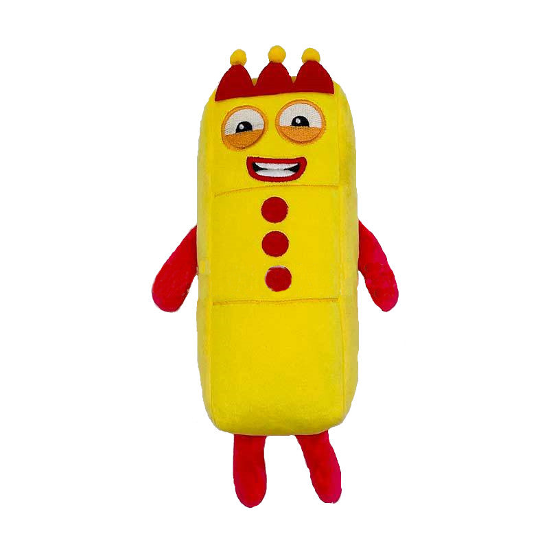 Gelbes Plüschtier mit rotem Krönchen und Knöpfen, lächelnd, Kinder-Spielzeug, weich.