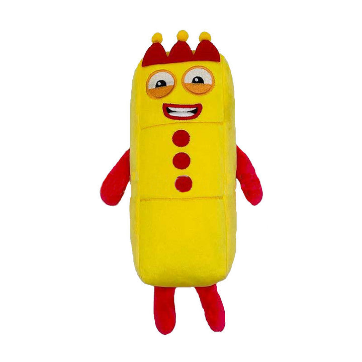 Gelbes Plüschtier mit rotem Krönchen und Knöpfen, lächelnd, Kinder-Spielzeug, weich.