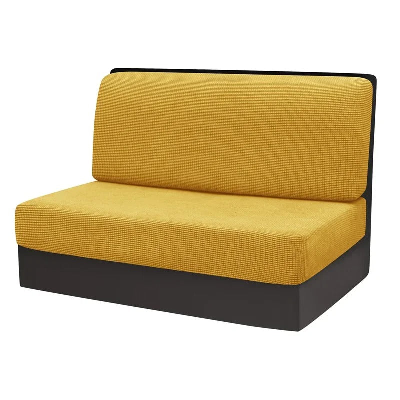 Gelbes Sofa mit schwarzem Rahmen, modernes Design, Polstermöbel, Wohnzimmer, bequem.