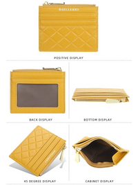 Gelbe Damen-Geldbörse aus Leder mit Reißverschluss, Kartenfächern und Münzfach.