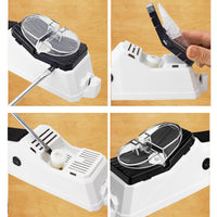 Weißer Mandolinenschneider mit verstellbarer Klinge, Kunststoff, Küchengerät, Holzuntergrund.