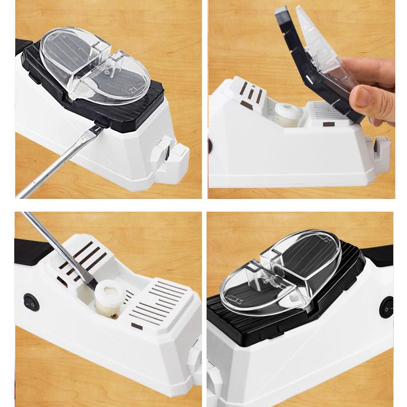 Weißer Mandolinenschneider mit verstellbarer Klinge, Kunststoff, Küchengerät, Holzuntergrund.