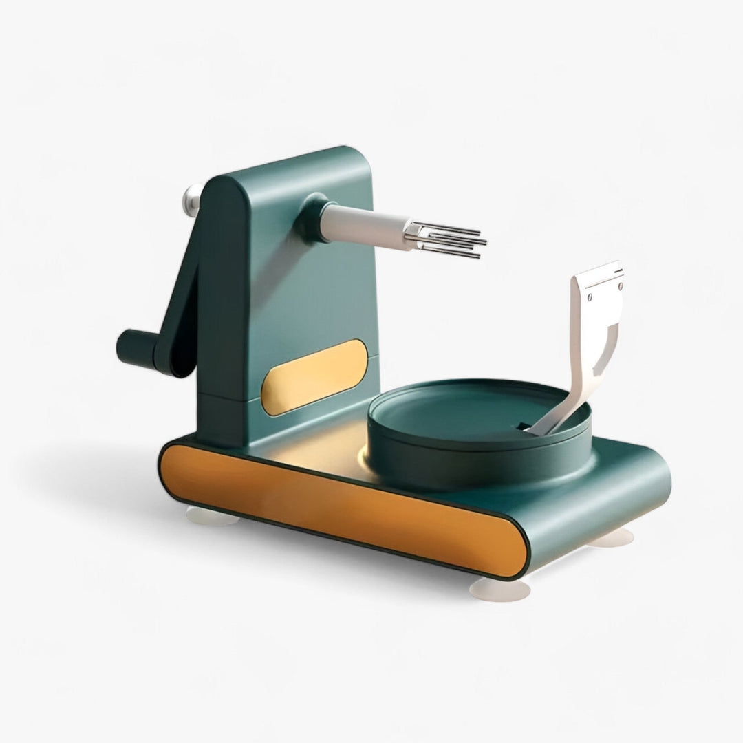 Grüner Spiralschneider aus Metall und Kunststoff, manuell, mit Kurbel, für Gemüse und Obst.