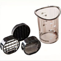 Transparenter Kunststoffbehälter mit drei schwarzen Schneideeinsätzen für Küchengebrauch.