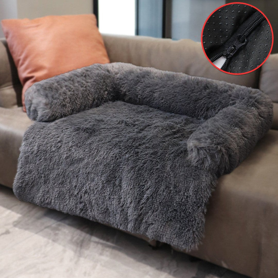 Graues Hundesofa aus Plüsch, gemütlich, rutschfest, ideal für Haustiere, modernes Design.