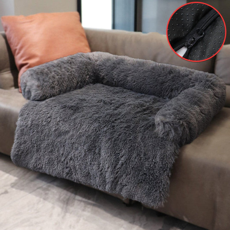 Graues Hundesofa aus Plüsch, gemütlich, rutschfest, ideal für Haustiere, modernes Design.