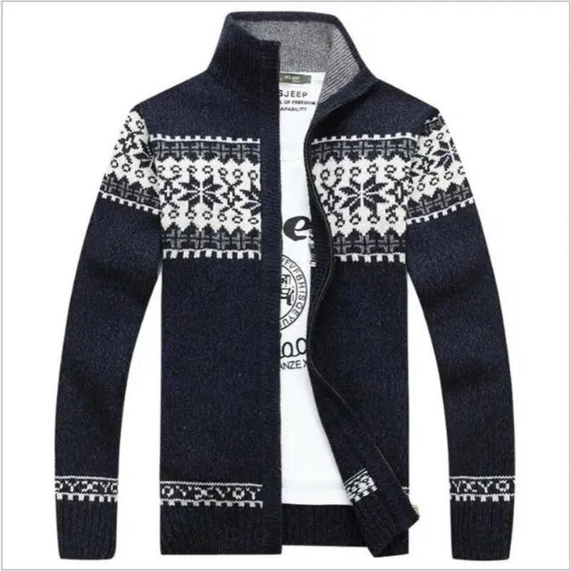 Dunkelblauer Herren-Wollpullover mit geometrischem Muster und Reißverschluss, Wintermode.