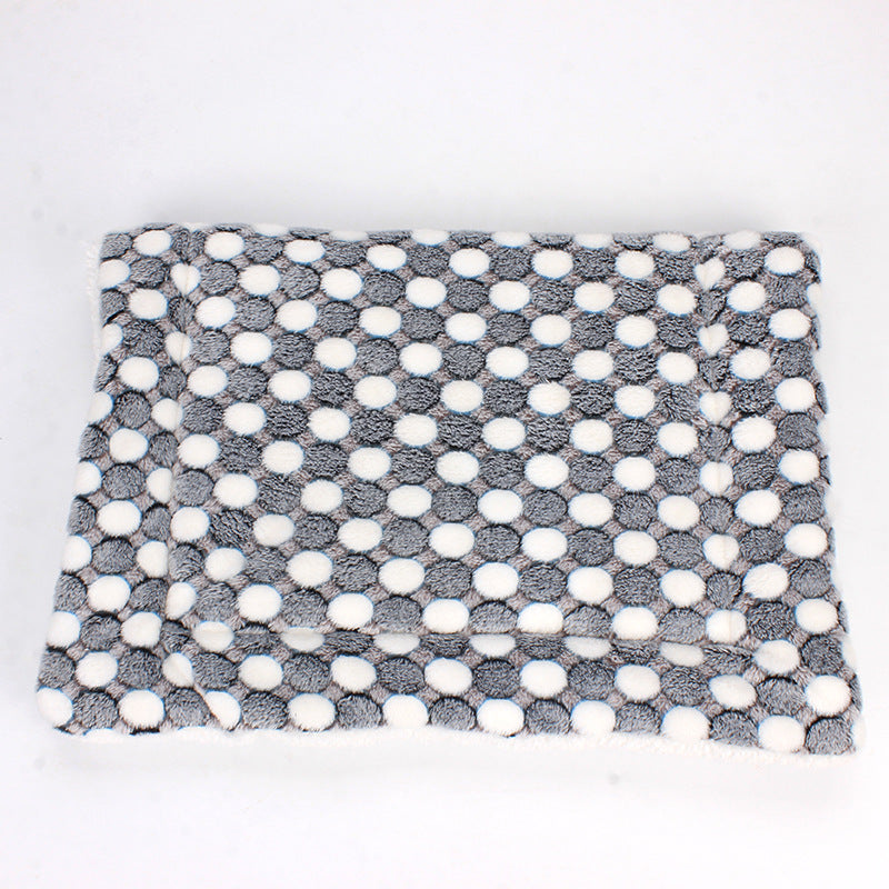 Graues Hundebett mit weißen Punkten, weiches Material, rechteckig, Haustierbedarf.