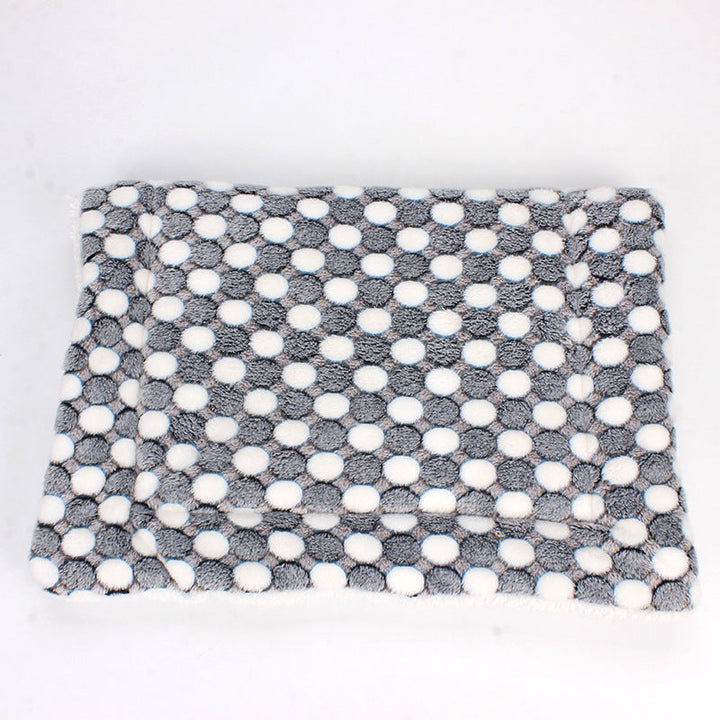 Graues Hundebett mit weißen Punkten, weiches Material, rechteckig, Haustierbedarf.