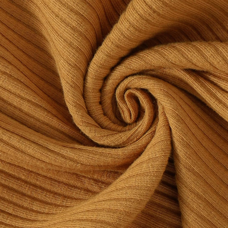 Gerippter, senfgelber Strickstoff, weiche Textur, ideal für Bekleidung und Heimtextilien.