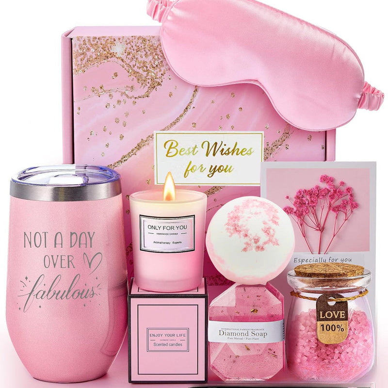 Geschenkset für Frauen, rosa, mit Tasse, Schlafmaske, Kerze, Seife, ideal für Wellness und Entspannung.