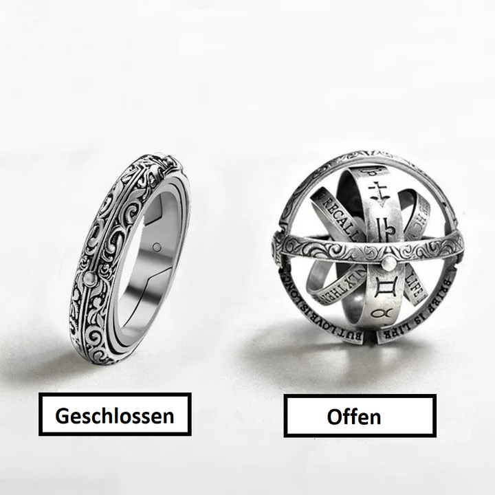 Silberner Astrolabium-Ring, verstellbar, antikes Design, geschlossen und offen dargestellt.