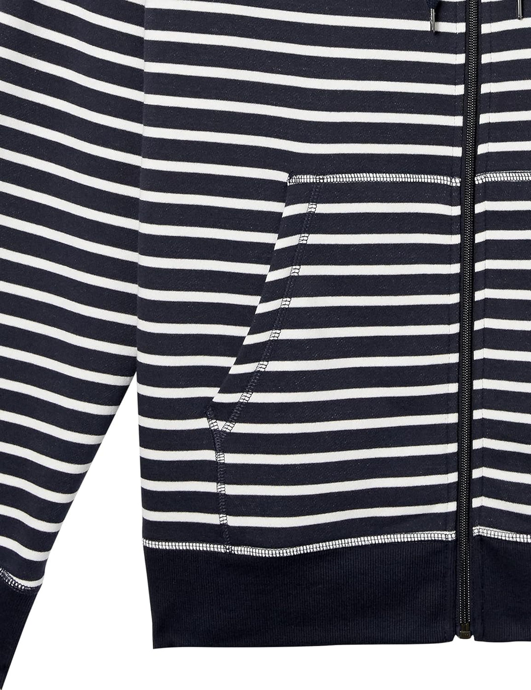 Schwarz-weiß gestreifter Kapuzenpullover mit Reißverschluss und Kängurutasche aus Baumwolle.