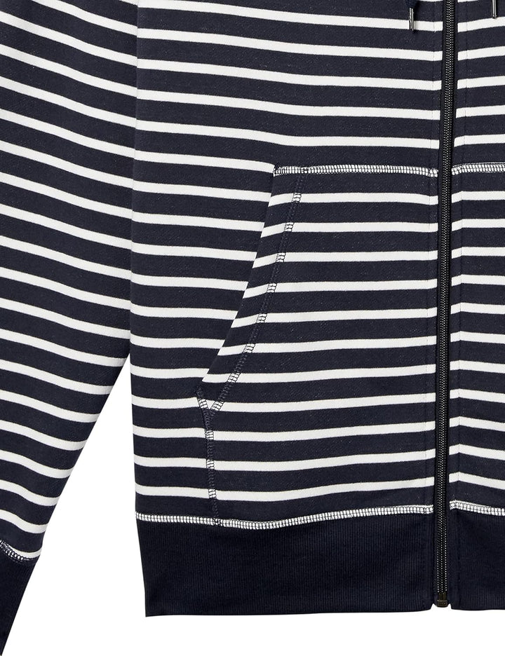 Schwarz-weiß gestreifter Kapuzenpullover mit Reißverschluss und Kängurutasche aus Baumwolle.