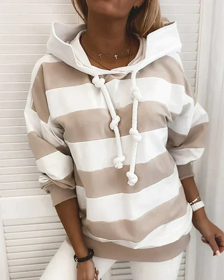 Damen Kapuzenpullover, beige-weiß gestreift, Kordelzug, lässig, modisch, Baumwolle.