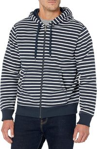 Mann in gestreifter Kapuzenjacke, dunkelblau-weiß, Reißverschluss, Freizeitmode, Baumwolle.