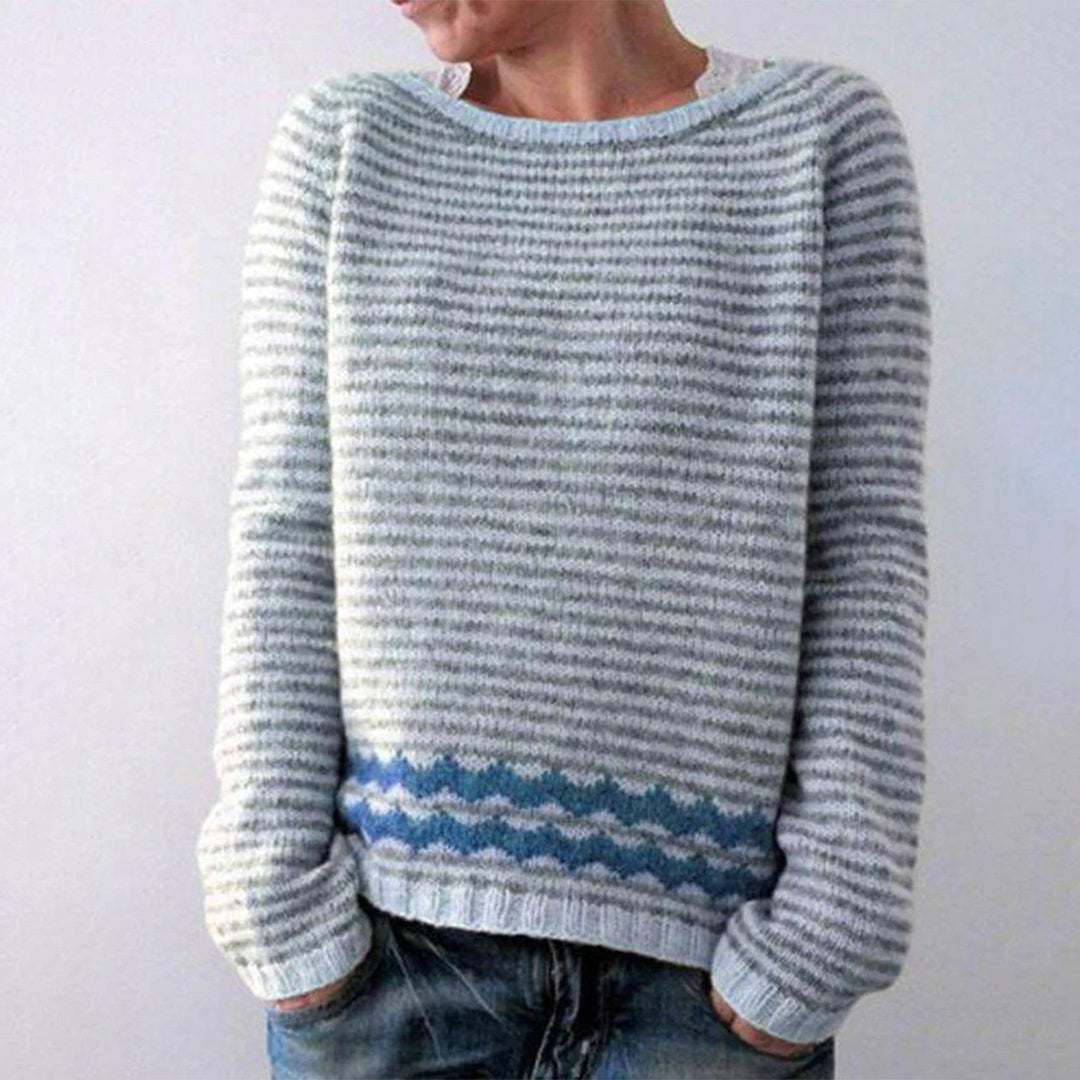 Grauer gestreifter Strickpullover Damen, blaues Zickzackmuster, lässig, warm, modisch.