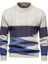 Herren Strickpullover, beige-blau gestreift, Zopfmuster, Rollkragen, Baumwolle, modisch.
