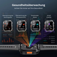 Smartwatch mit Gesundheitsüberwachung, Herzfrequenz, Blutsauerstoff, Stress, Schlafqualität.